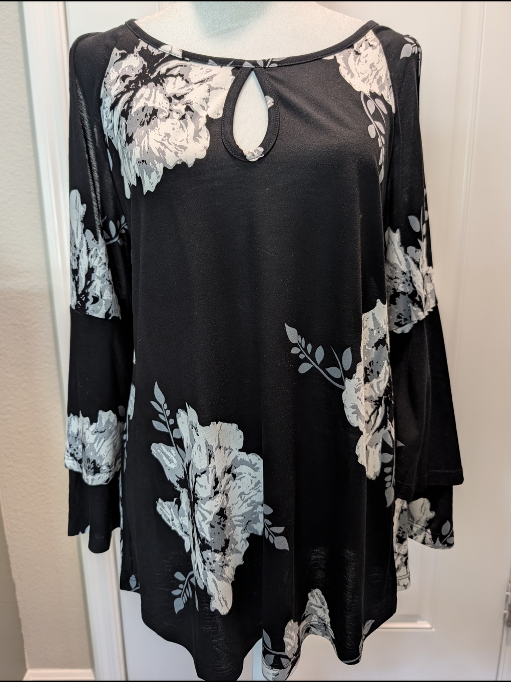 Lascana Black and White Floral Keyhole Blouse - Double Bell Sleeves